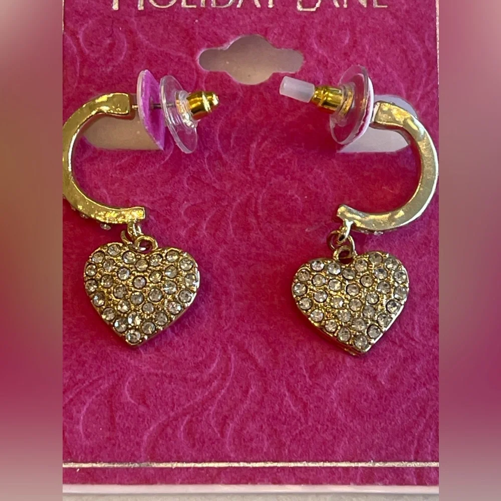HOLIDAY LANE PAVE PUFFY HEART GOLD TONE CRYSTAL CHARM HOOP EARRINGS Valentine